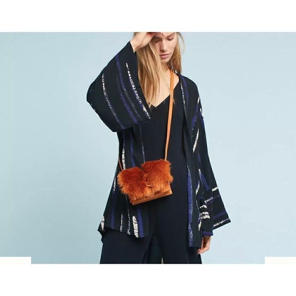 Anthropologie | Anthro Bel Kazan Blaze Striped Kimono Black Blue sz OS One Size - Picture 1 of 9